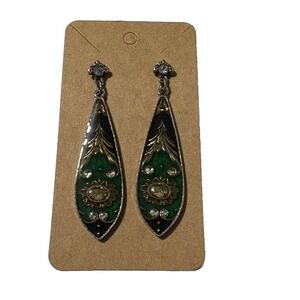 Boho Teardrop Enamel Dangle Earrings Green Black Floral Rhinestone
